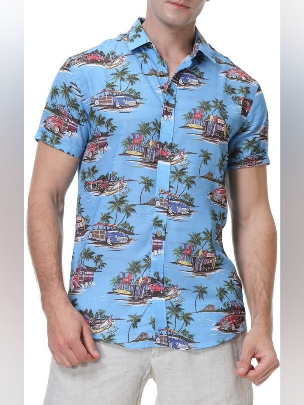 Alex Vando Mens Light Blue Tropical Hawaiian Print Short Sleeve Shirt Medium